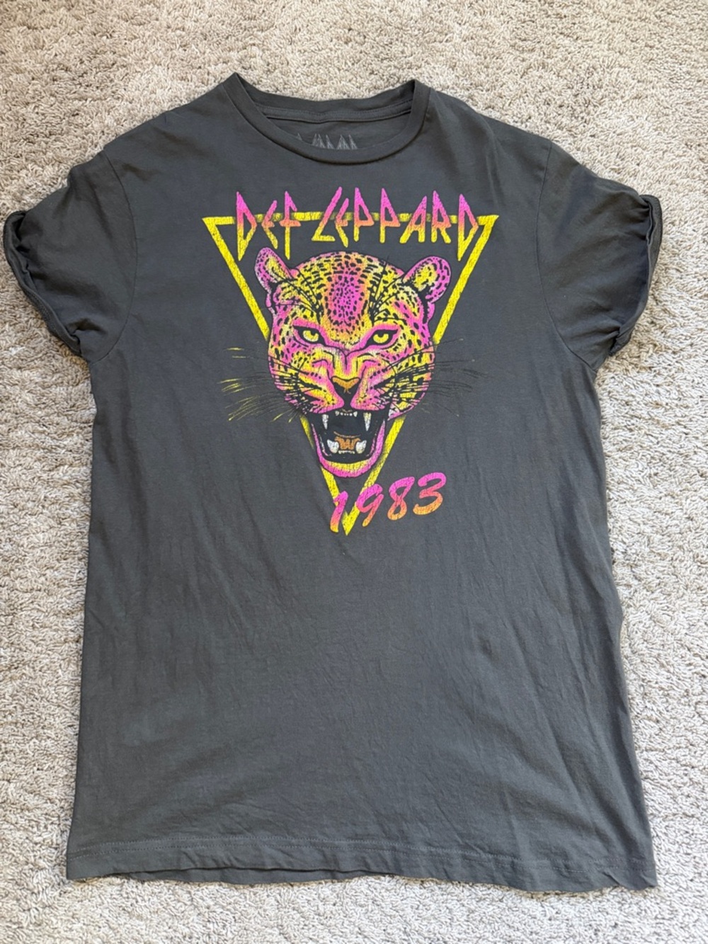 Tilly's Charcoal Def Leppard Graphic Tee with Neon Pink & Yellow Print